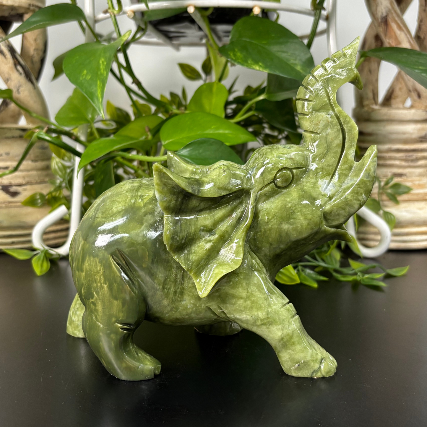 Hand-Carved Nephrite Jade Elephant Natural Crystal Gemstone Figurine for Healing, Feng Shui, Prosperity & Home Decor - RAN499