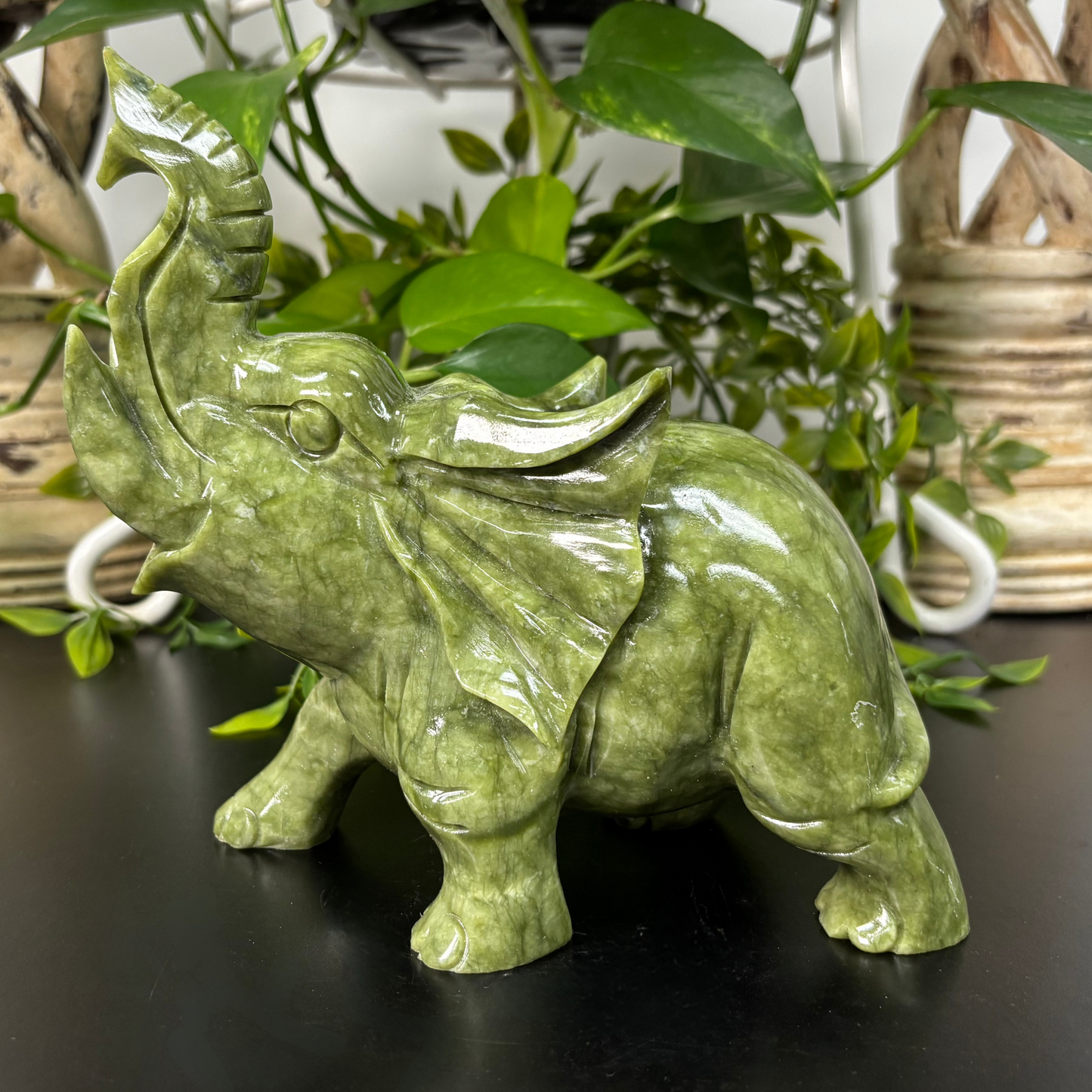 Hand-Carved Nephrite Jade Elephant Natural Crystal Gemstone Figurine for Healing, Feng Shui, Prosperity & Home Decor - RAN499