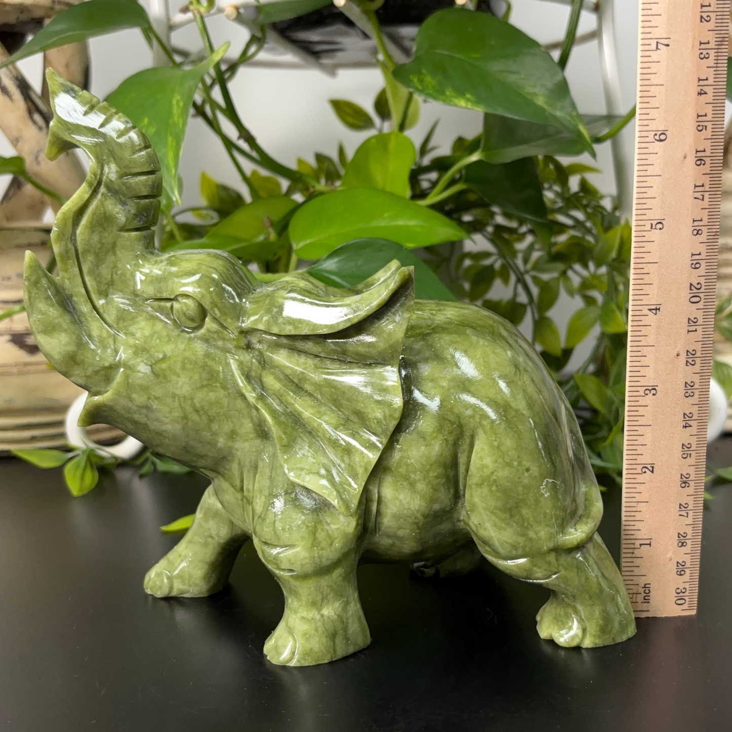 Hand-Carved Nephrite Jade Elephant Natural Crystal Gemstone Figurine for Healing, Feng Shui, Prosperity & Home Decor - RAN499