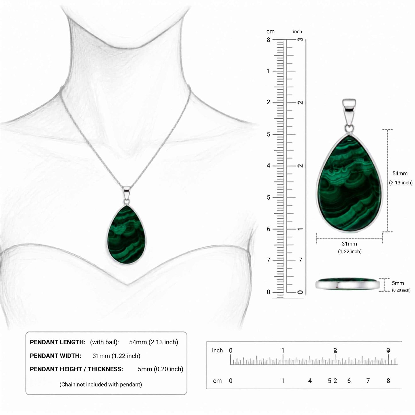 Malachite Teardrop Pendant with Stainless Steel- Gem Avenue Retail