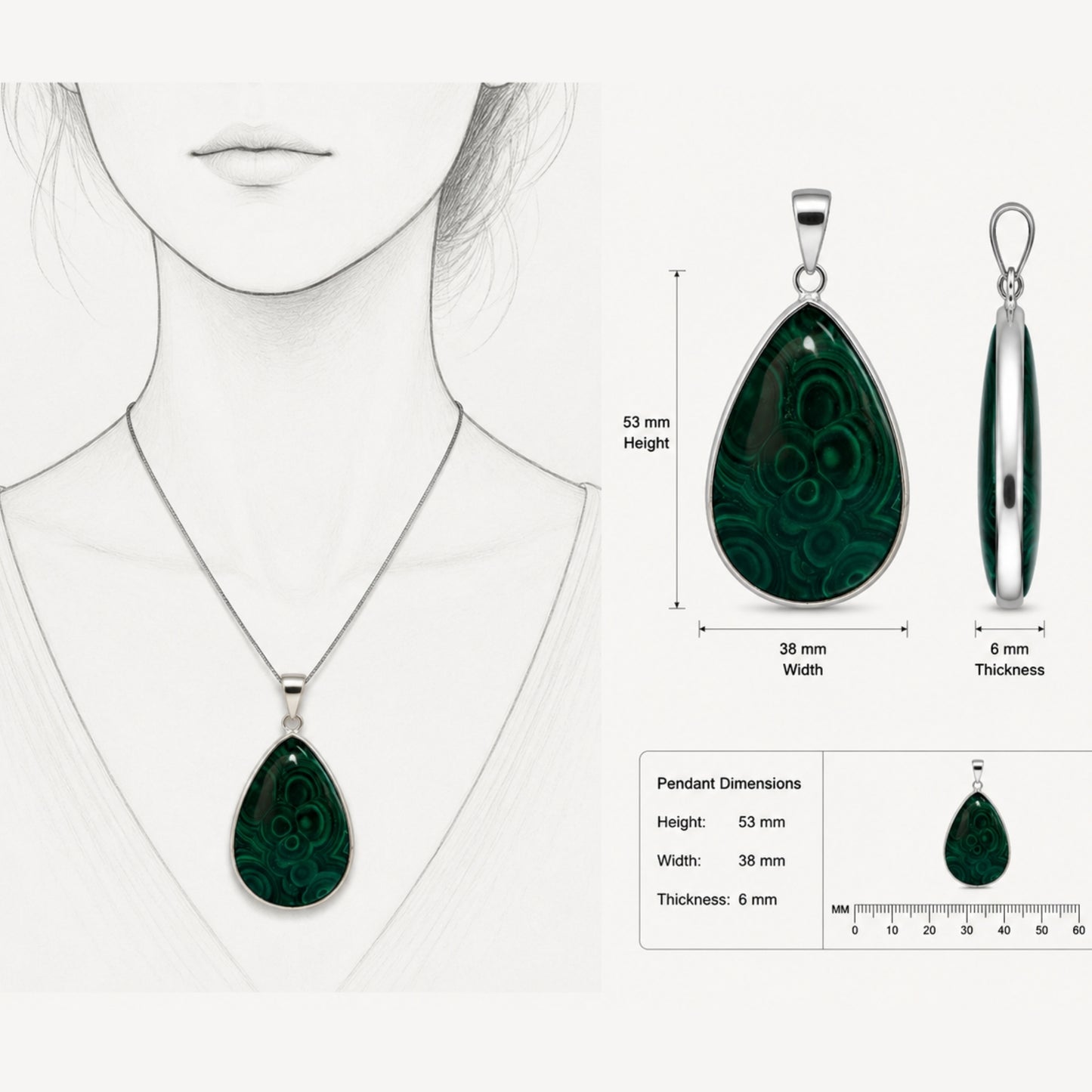 Malachite Teardrop Pendant – Stainless Steel- Gem Avenue Retail