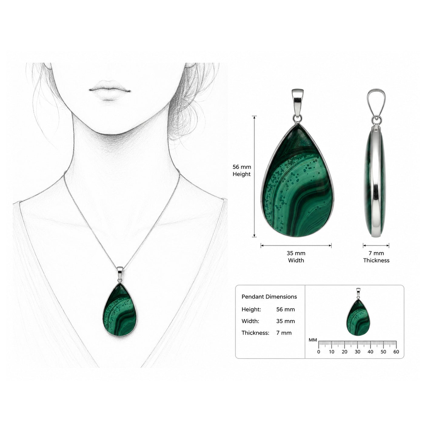 Malachite Pendant Necklace Stainless Steel - Gem Avenue Retail