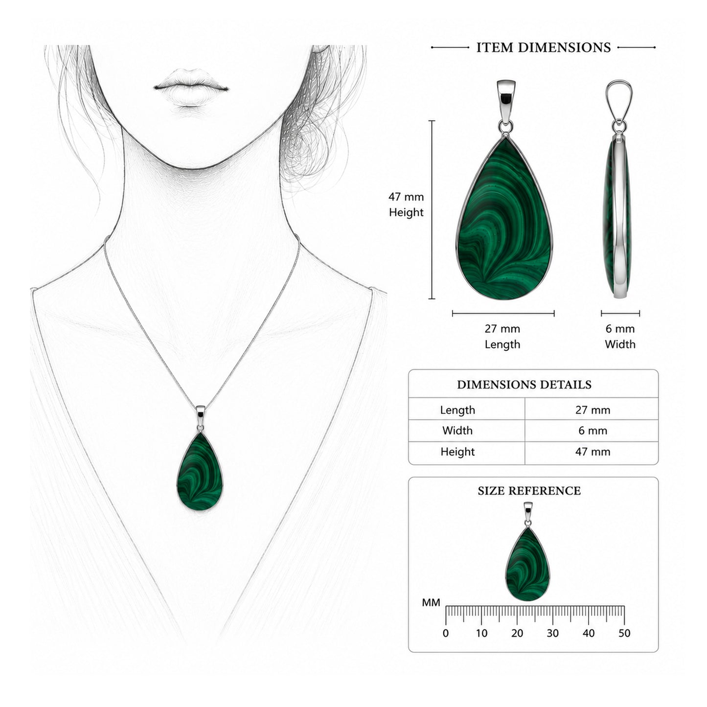 Natural Malachite Teardrop Pendant Necklace Stainless Steel Setting Green Gemstone Jewelry 27mm