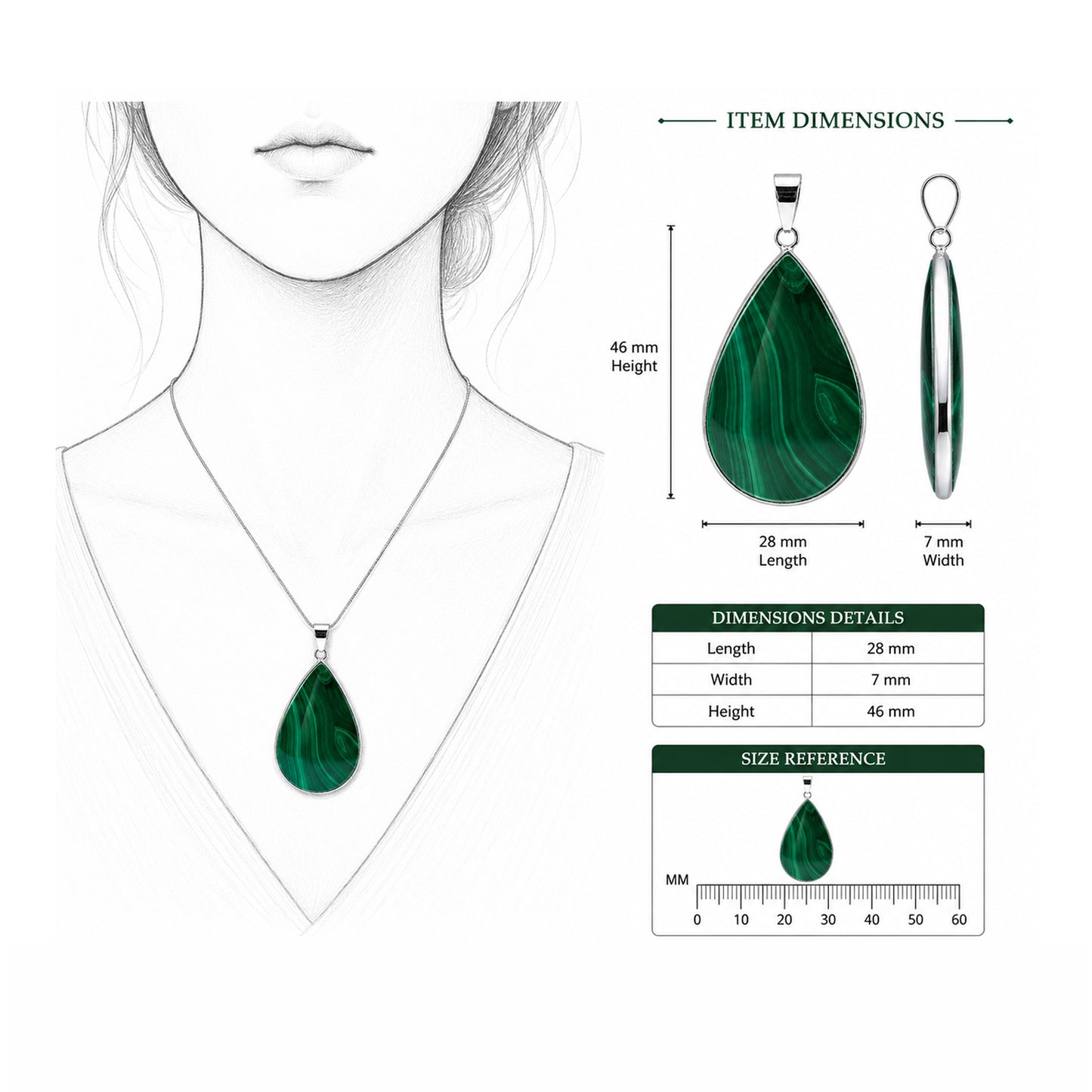 Malachite Teardrop Pendant Stainless Steel Green Gemstone -Gem Avenue Retail