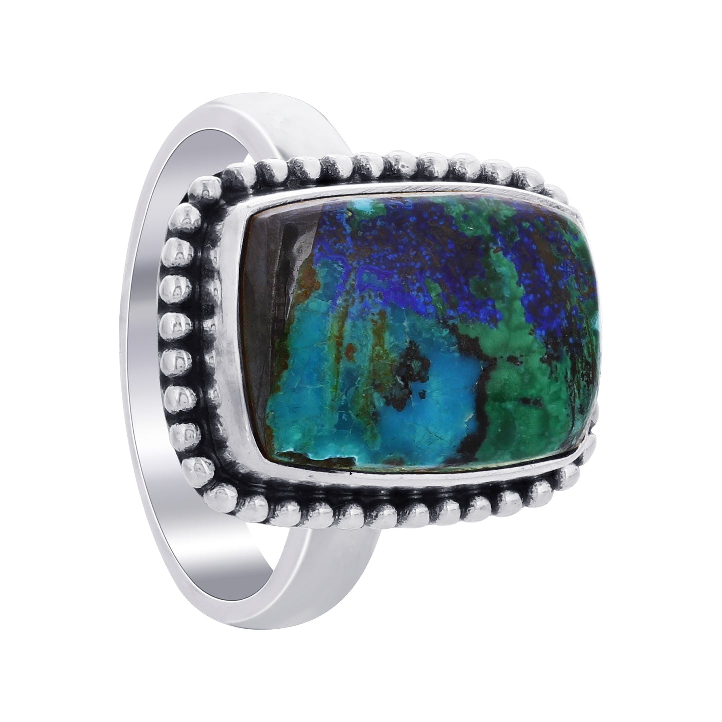 925 Sterling Silver Rectangle Azurite Malachite Gemstone Ring Handmade Boho Vintage Statement Jewelry - GR559