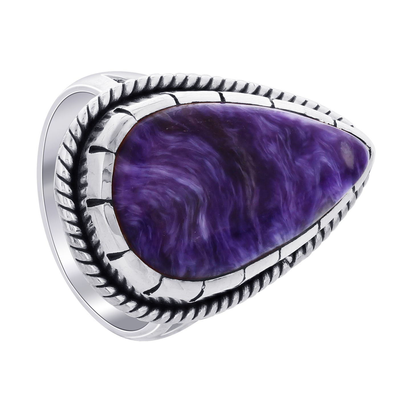 925 Sterling Silver Teardrop Charoite Gemstone Ring Handmade Boho Vintage Statement Jewelry Gift for Women - GR568