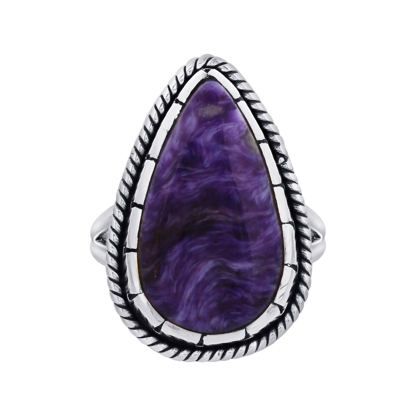 925 Sterling Silver Teardrop Charoite Gemstone Ring Handmade Boho Vintage Statement Jewelry Gift for Women - GR568