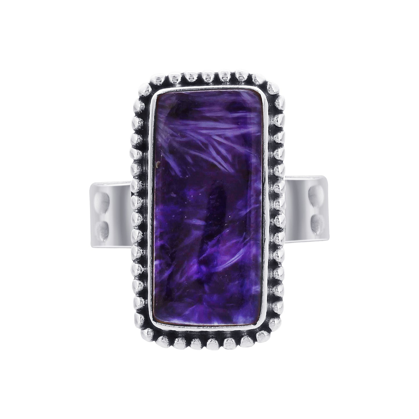 925 Sterling Silver Rectangular Charoite Gemstone Ring Handmade Boho-Vintage Jewelry - GR572