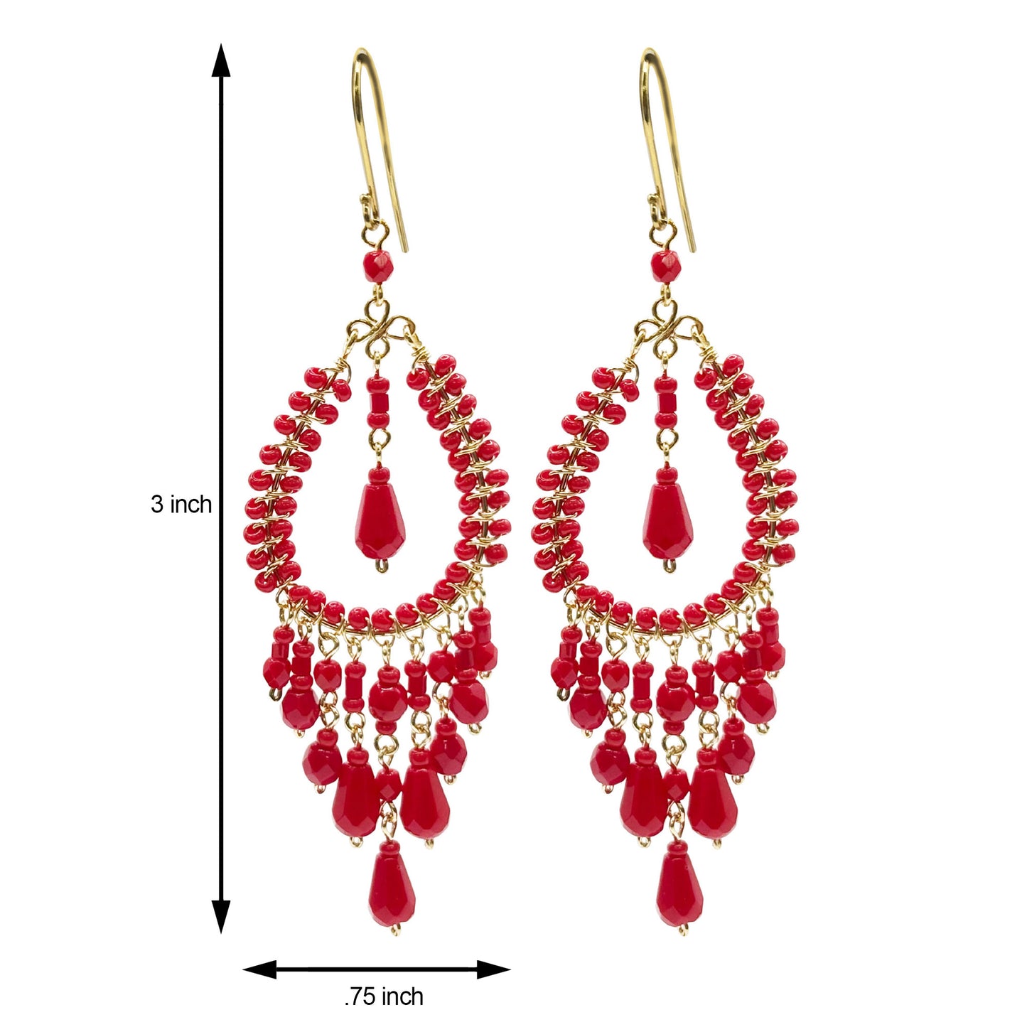 Red Fire Polished Bead Chandelier Dangle Earrings Gold Tone Boho Statement Jewelry with Hypoallergenic Steel Hooks
