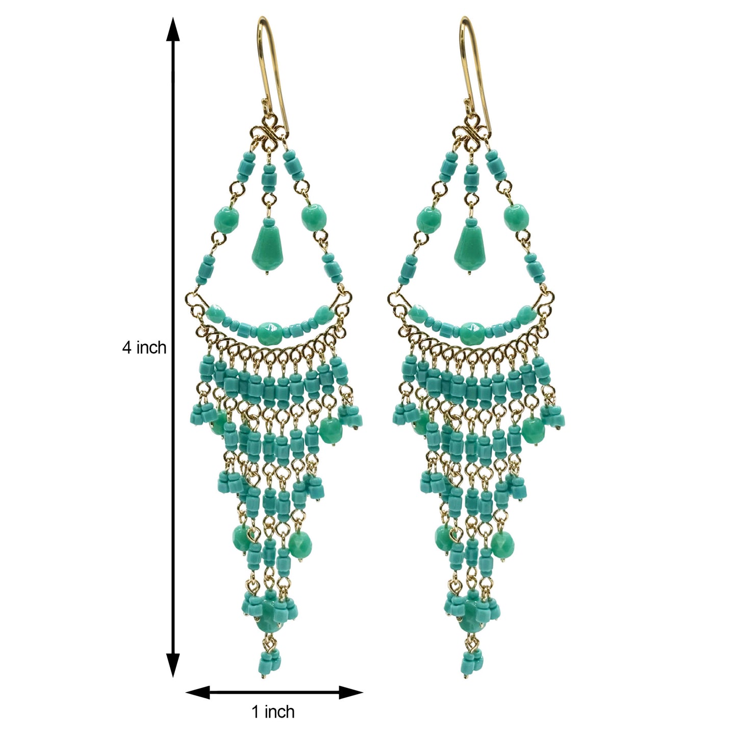 Turquoise Fire Polished Bead Chandelier Dangle Earrings Gold Tone Boho Statement with Hypoallergenic Steel Hooks