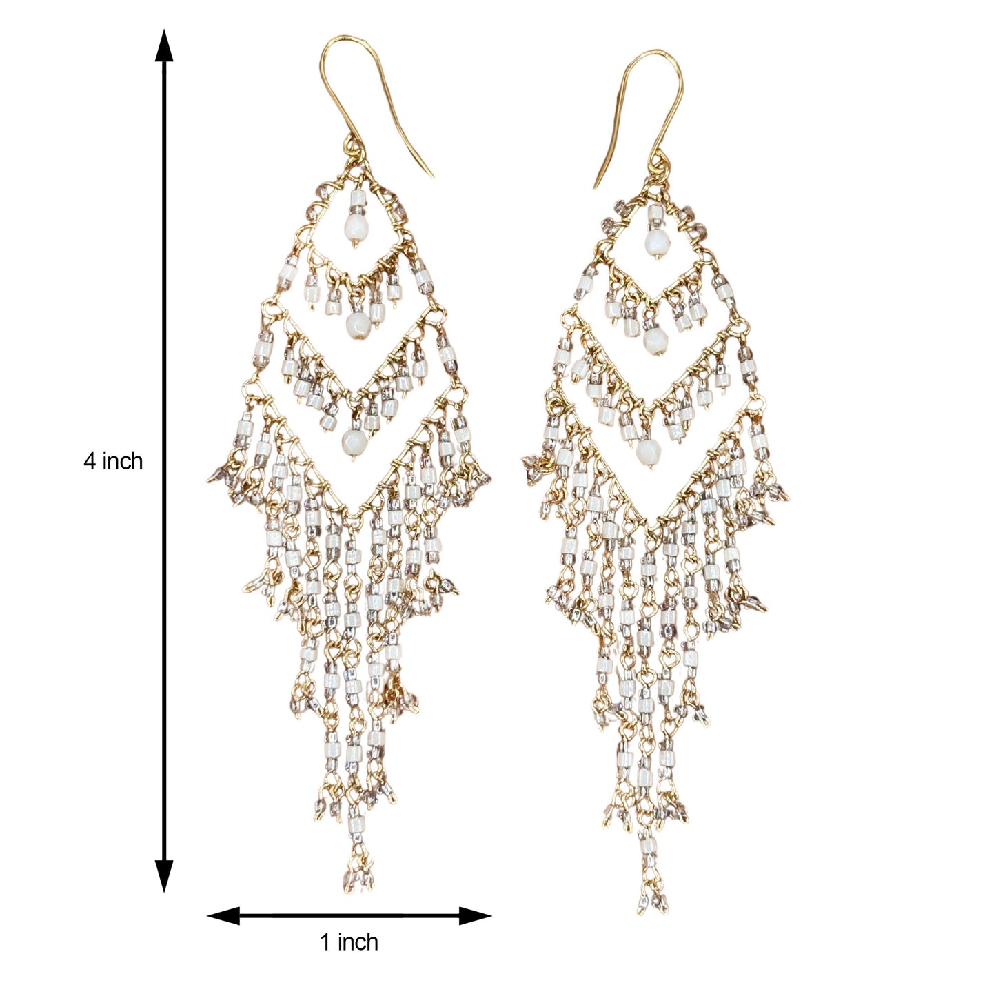 Bohemian Fire Polished Beaded Chevron Fringe Earrings in Hypoallergenic Stainless Steel