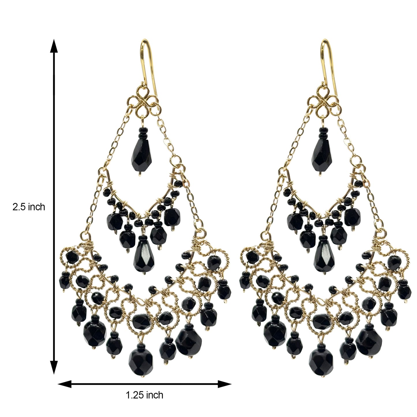 Black Czech Bead Chandelier Earrings Lightweight Hypoallergenic Boho Jewelry - MPER158