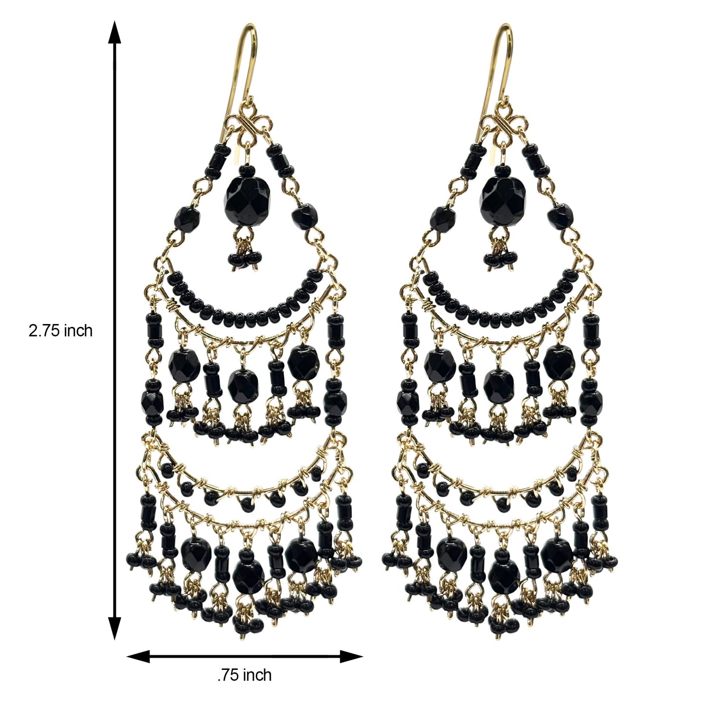 Fire Polished Black Bead Chandelier Earrings Hypoallergenic Stainless Steel Boho Jewelry - MPER159