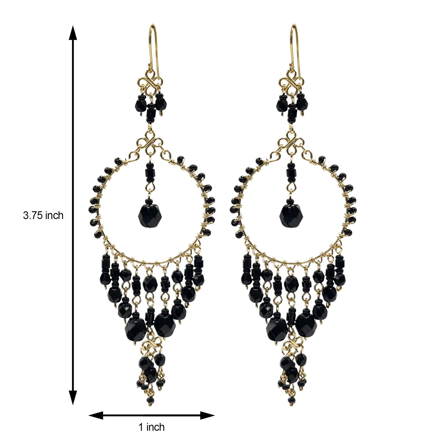 Black Fire Polished Beads Chandelier Hoop Earrings in Gold Tone Handmade Elegant Statement Dangle Jewelry - MPER162
