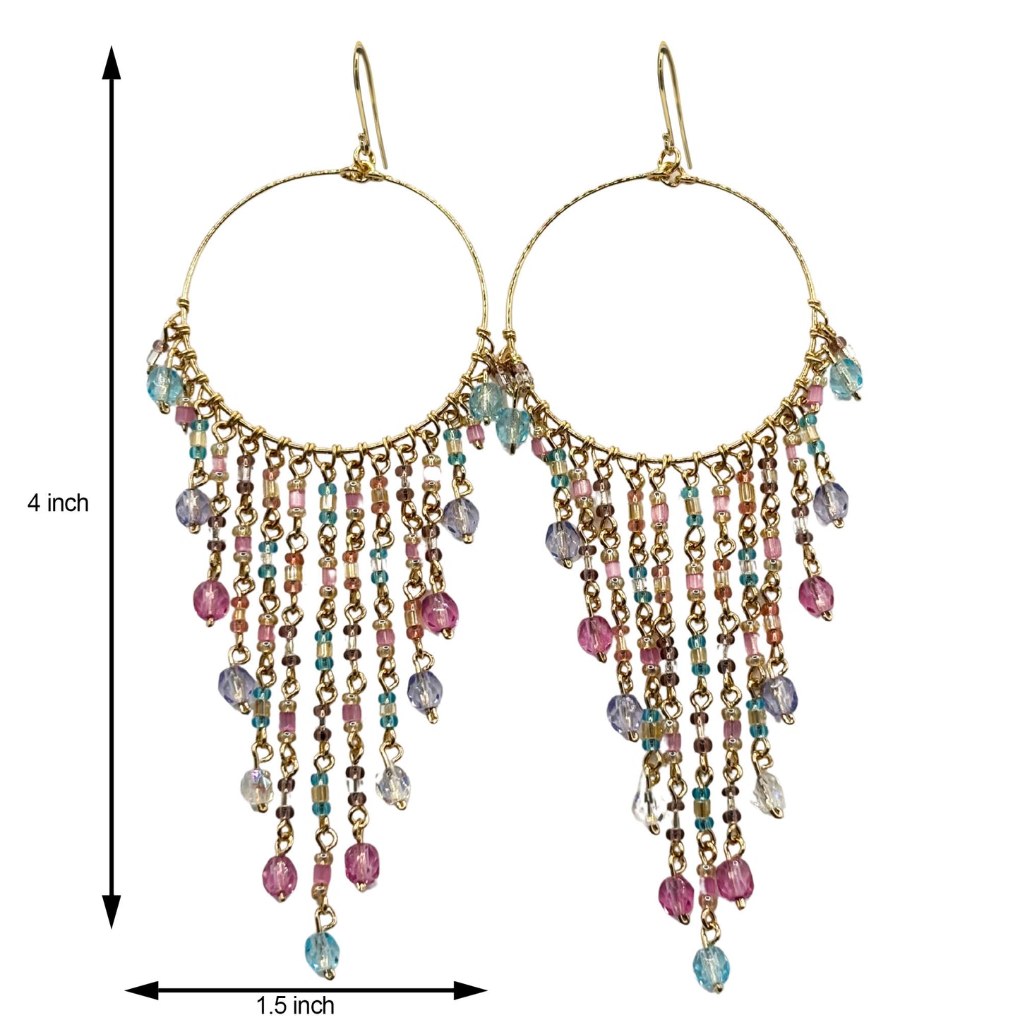 Gold Tone Hoop Chandelier Earrings with Multicolor Fire Polished Beads Hypoallergenic Stainless Steel