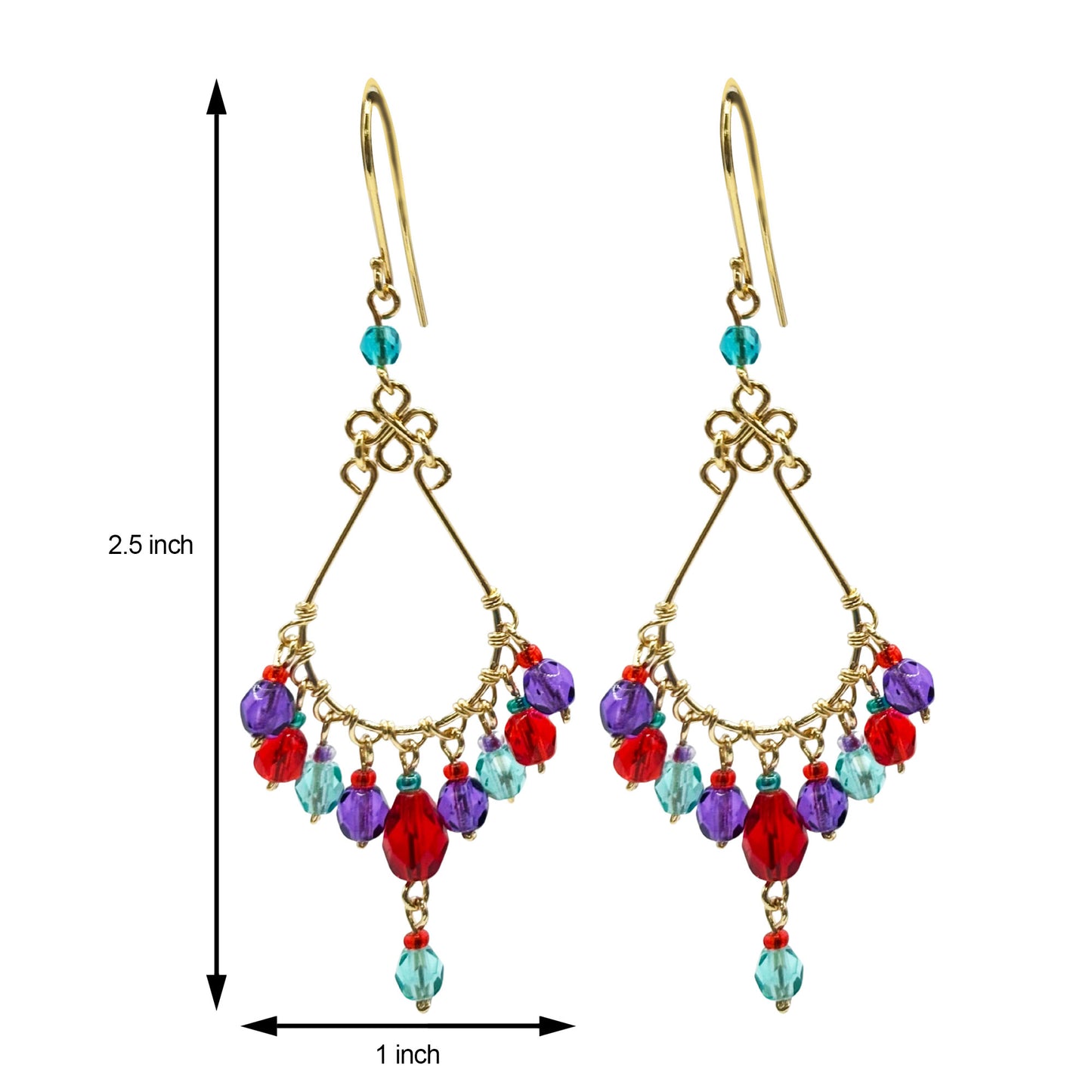 Gold Tone Chandelier Drop Earrings with Multicolor Fire Polished Beads Hypoallergenic Stainless Steel Hooks