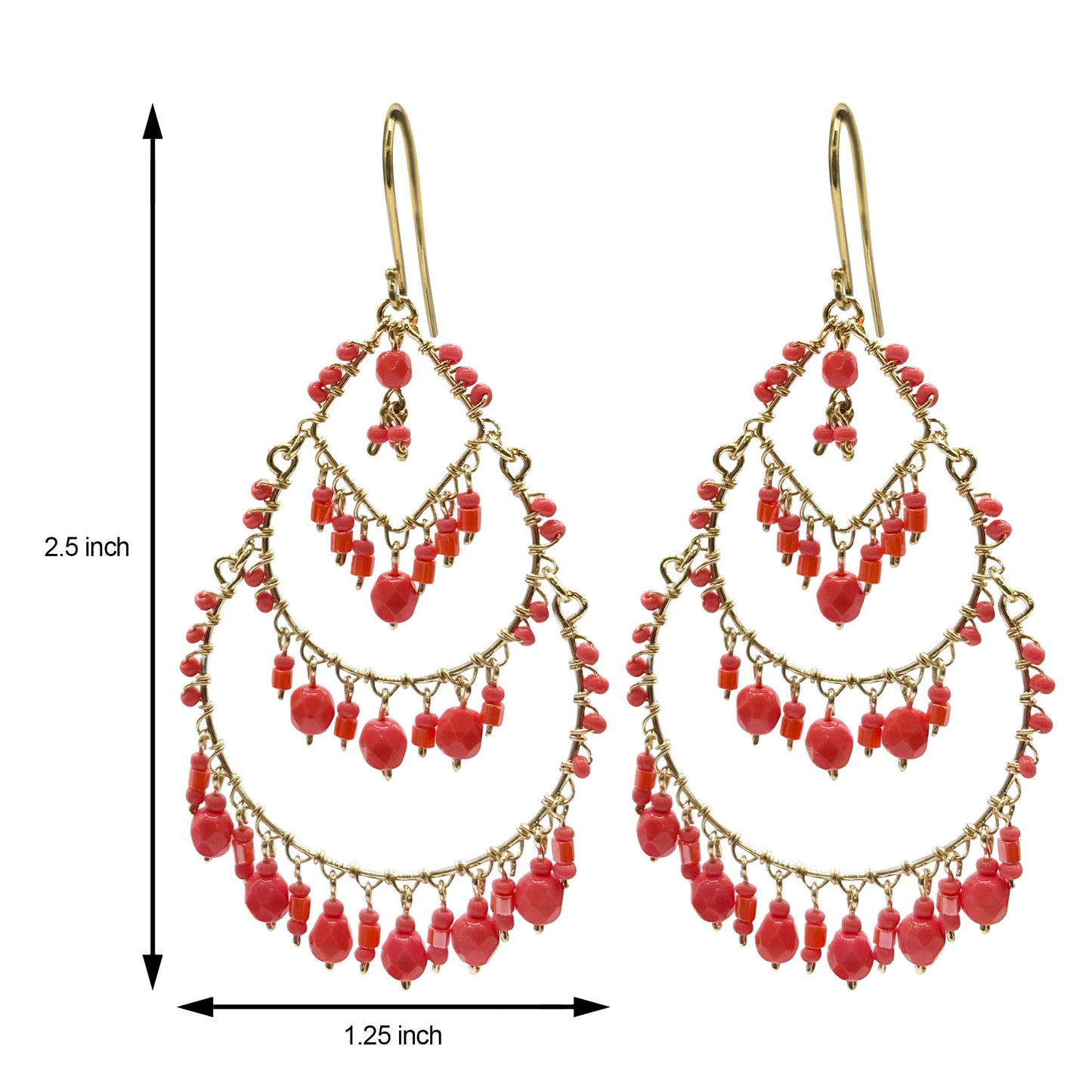 Gold Tone Teardrop Chandelier Earrings with Red Fire Polished Beads Statement Dangle Jewelry