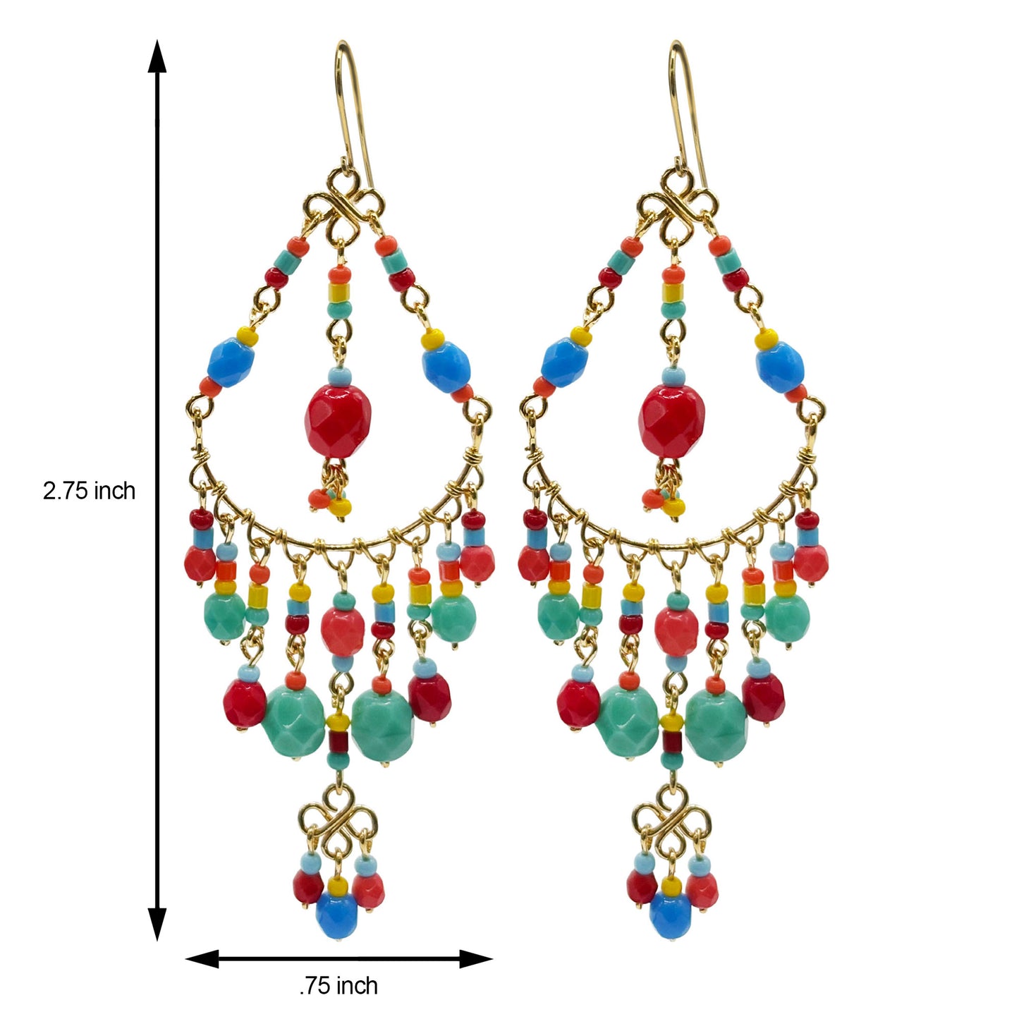 Gold Filigree Chandelier Earrings with Multicolor Fire Polished Beads Boho Dangle Statement Jewelry for Women