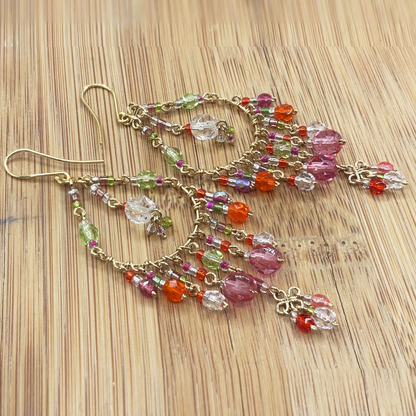 Gold Tone Filigree Chandelier Earrings with Pink & Red Fire Polished Beads Boho Dangle Statement Jewelry