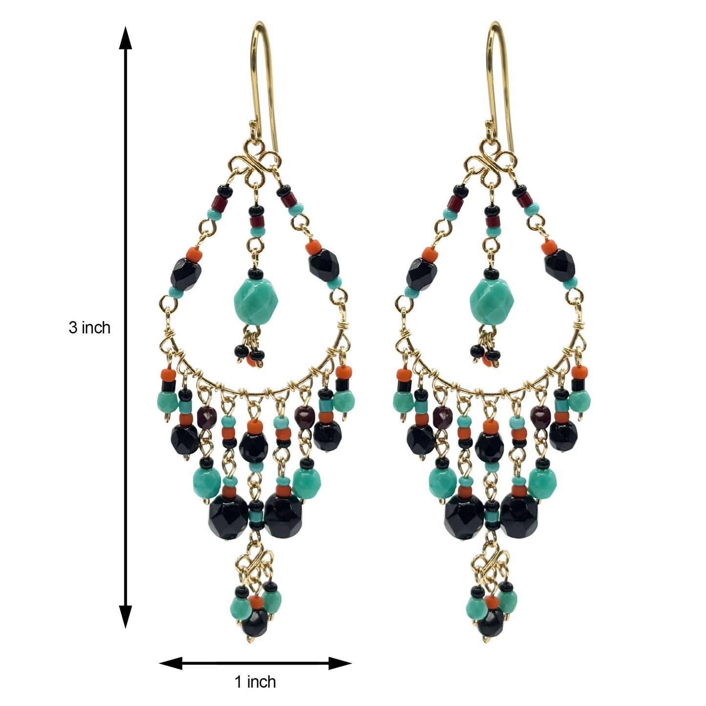 Gold Tone Filigree Chandelier Earrings with Black & Teal Fire Polished Beads Boho Dangle Statement Jewelry