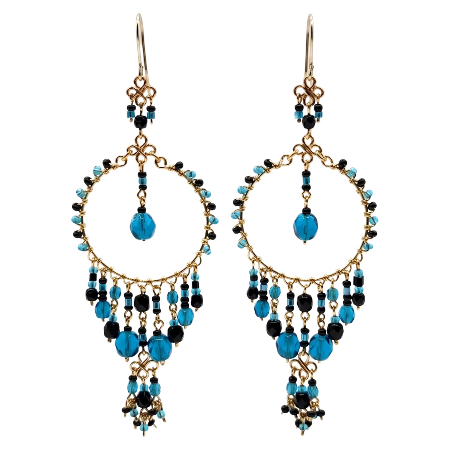 Chandelier Earrings Fire Polished Beads Teal Black Boho Dangle Earrings Gold Tone Stainless Steel 3.5"