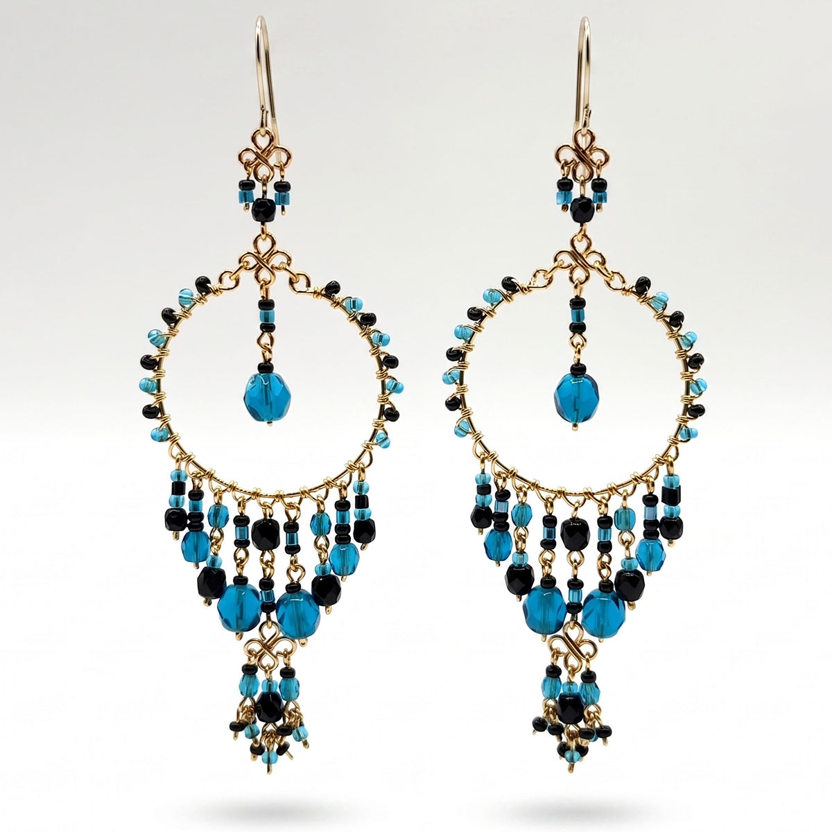 Teal Black Fire Polished Bead Chandelier Earrings - Gem Avenue Retail