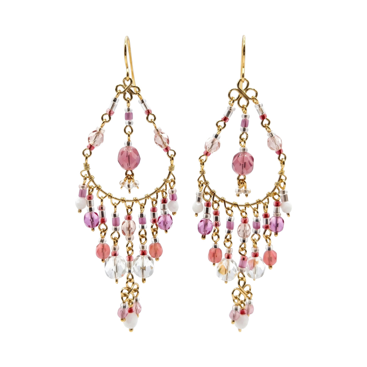 Pink Clear Fire Polished Bead Chandelier Earrings 2.75 Inch Stainless Steel Boho Dangle Jewelry Handmade Statement Gift