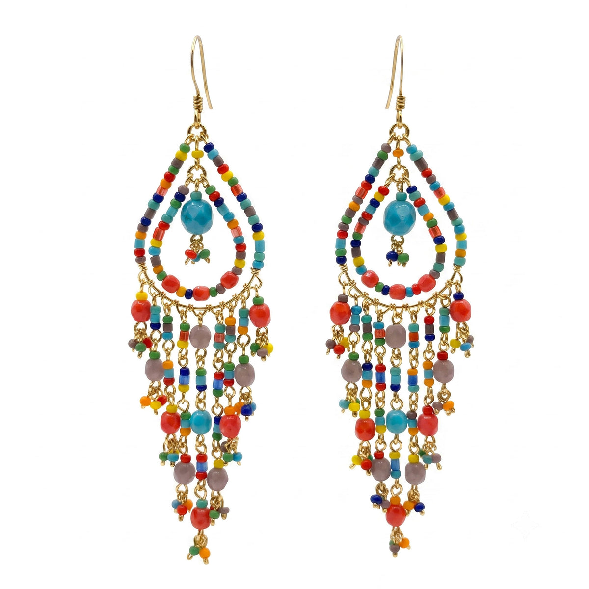 Multicolor Fire Polished Bead Chandelier Earrings 3.5 Inch Boho Fringe Dangle Jewelry Stainless Steel Handmade Statement Gift
