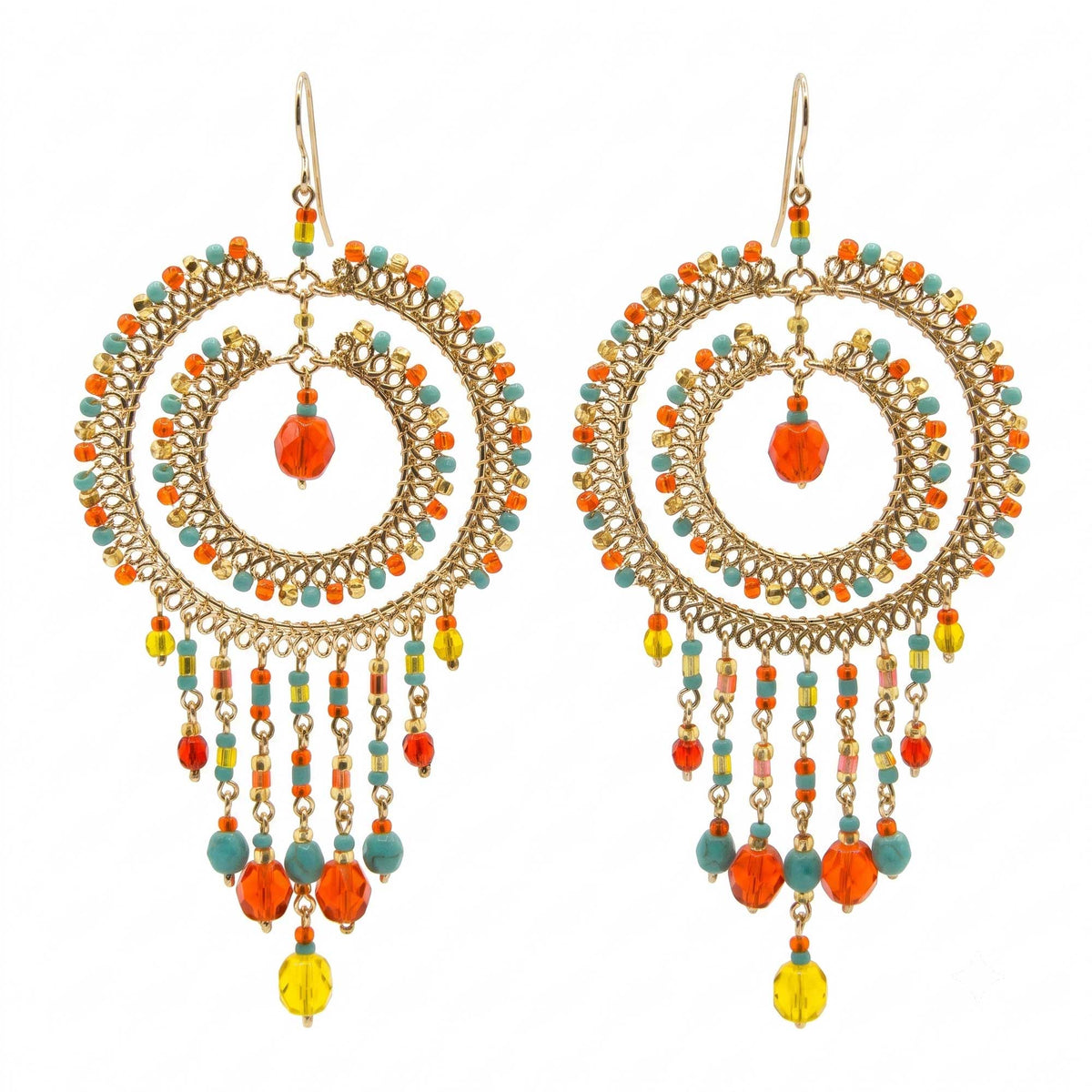 Multicolor Czech Bead Cleopatra Chandelier Earrings Gold Tone Stainless Steel Fringe Dangle Jewelry Boho Handmade Statement Gift