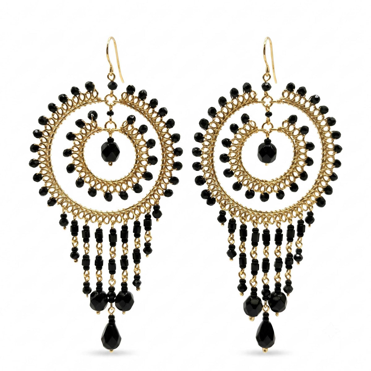 Black Czech Bead Chandelier Earrings Gold Tone Stainless Steel Fringe Dangle Jewelry Boho Handmade Statement Gift