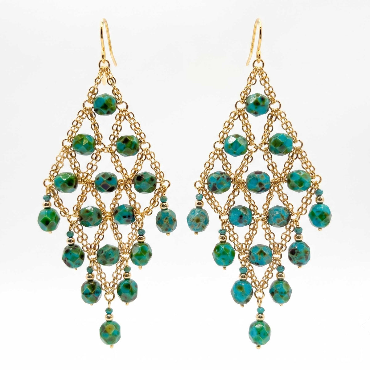 Dark Green Czech Beaded Chandelier Earrings Stainless Steel Boho Jewelry