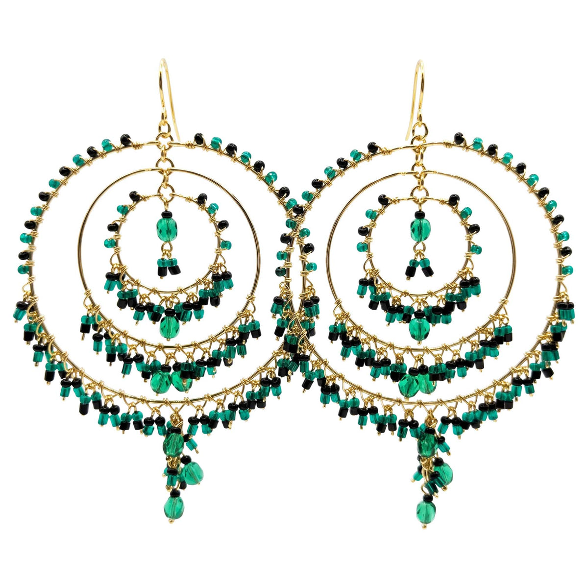 Green and Black Fire Polished Beaded Stainless Steel Circle Chandelier Earrings