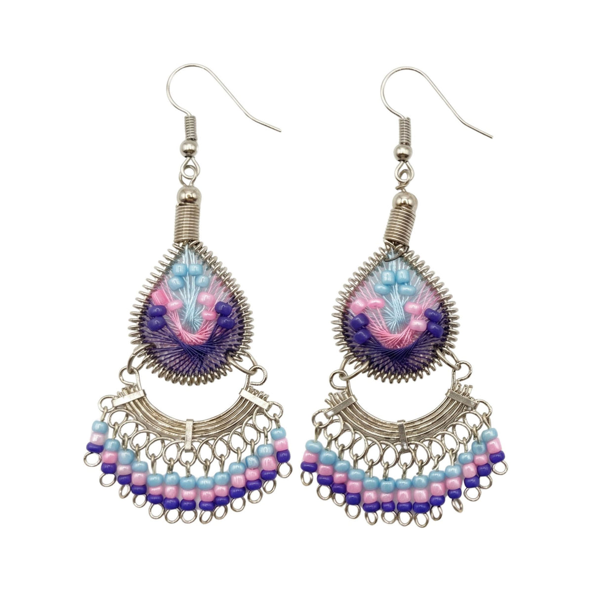 Silk Thread Dangle Earrings Stainless Steel Handmade Peruvian Boho Jewelry Lightweight Statement Gift