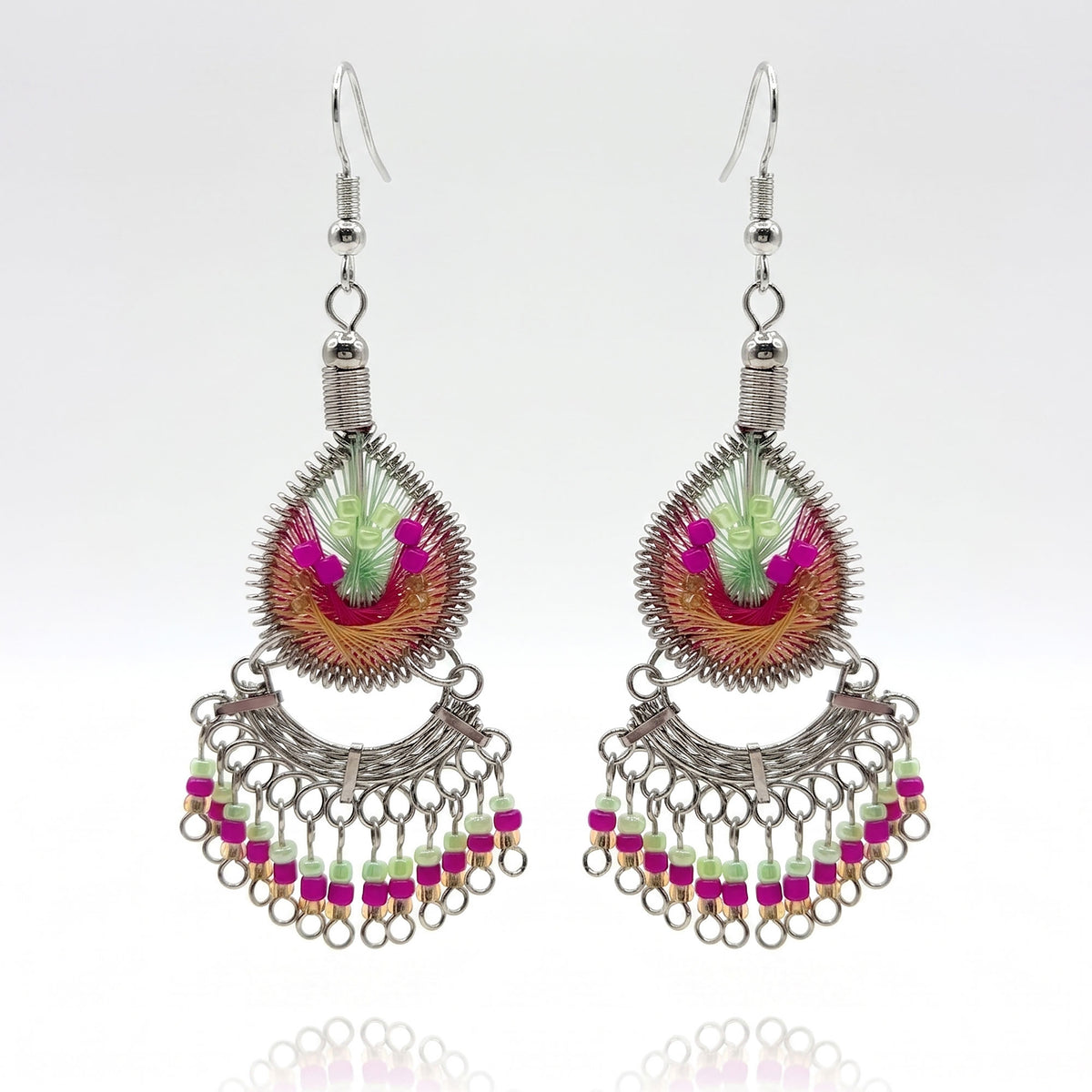 Peruvian Silk Thread Earrings Handcrafted Stainless Steel Boho Dangle Jewelry Handmade Statement Gift