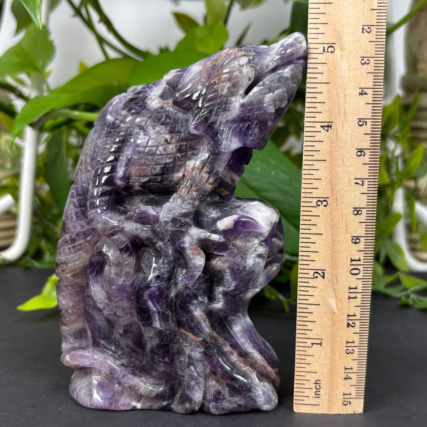 Hand Carved Chevron Amethyst Lizard Figurine Crystal Animal Carving, Healing Stone Decor RAN495