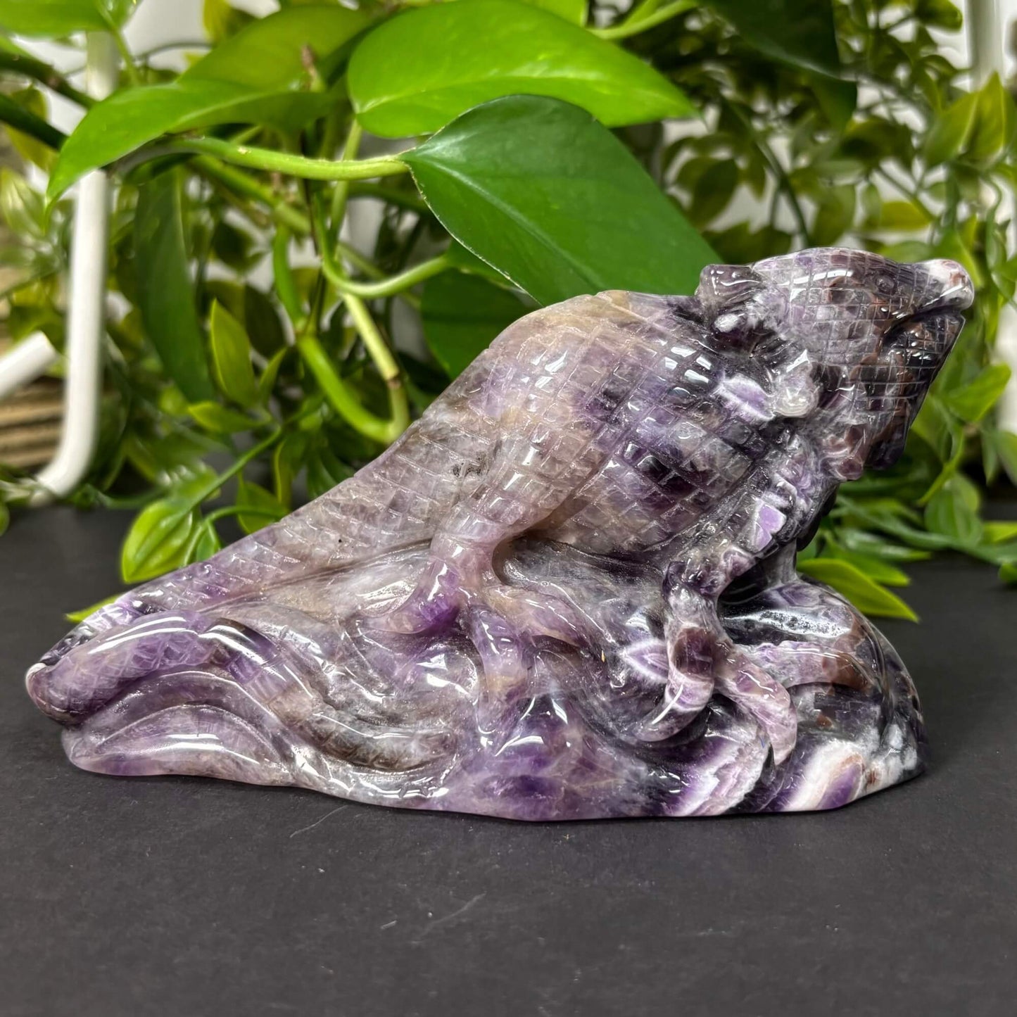 Hand-Carved Chevron Amethyst Lizard Figurine Natural Purple Crystal Animal Carving for Healing, Energy, Meditation & Home Decor RAN497