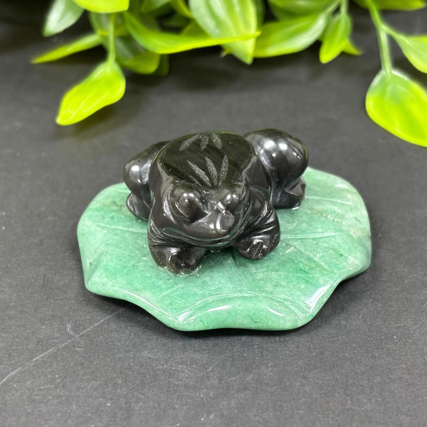 Black Obsidian Frog on Aventurine Lily Pad - RAN500-A