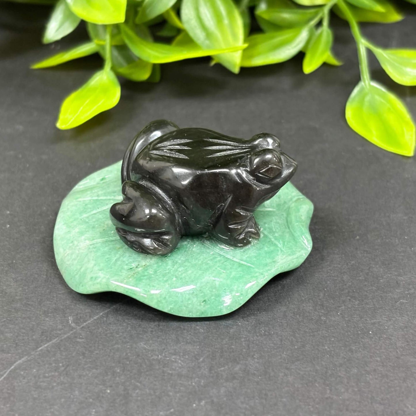 Black Obsidian Frog on Aventurine Lily Pad - RAN500-A