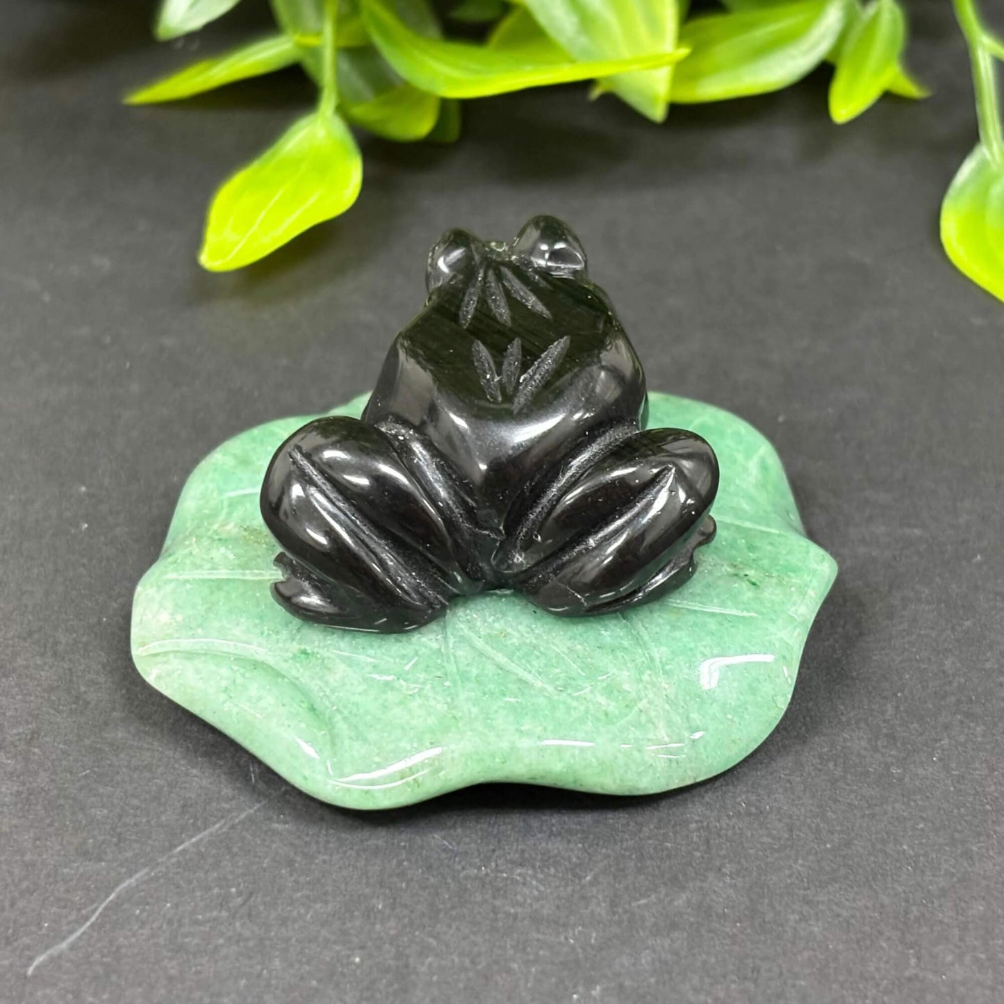 Black Obsidian Frog on Aventurine Lily Pad - RAN500-A