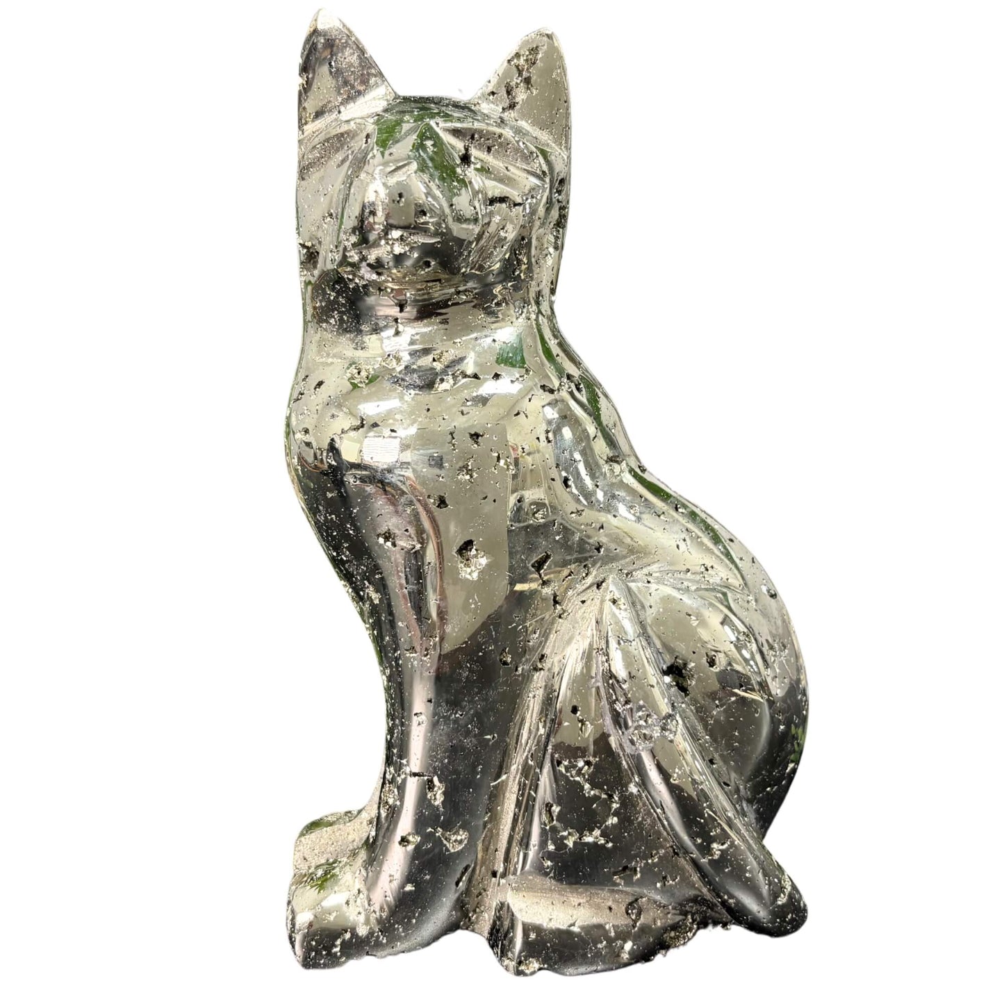 8.5 Inch Pyrite Cat Figurine Hand Carved Natural Crystal from Peru for Home Decor & Display - RAN502