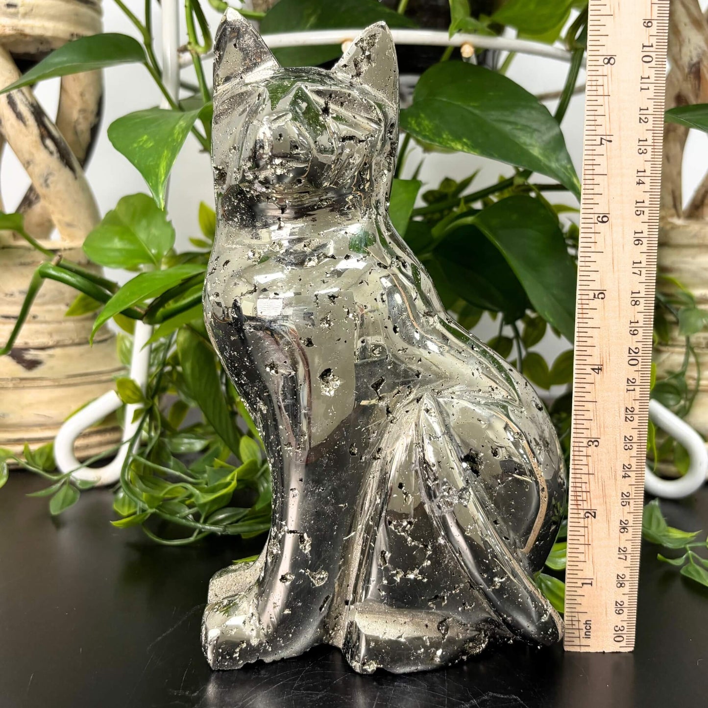 8.5 Inch Pyrite Cat Figurine Hand Carved Natural Crystal from Peru for Home Decor & Display - RAN502