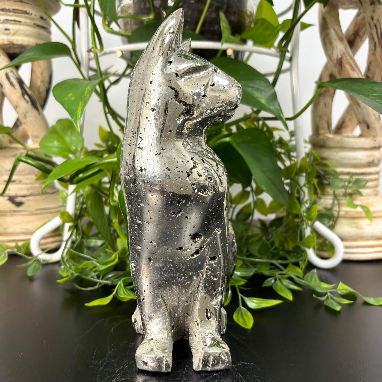 8.5 Inch Pyrite Cat Figurine Hand Carved Natural Crystal from Peru for Home Decor & Display - RAN502