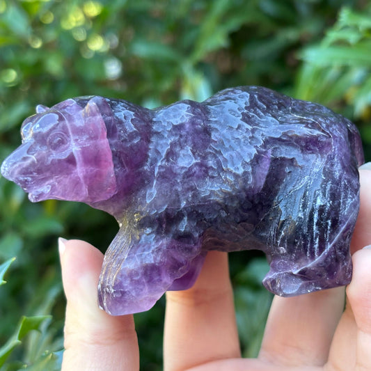 Hand Carved Purple Fluorite Crystal Bear Figurine for Healing, Meditation, Focus & Unique Home Decor - RAN526
