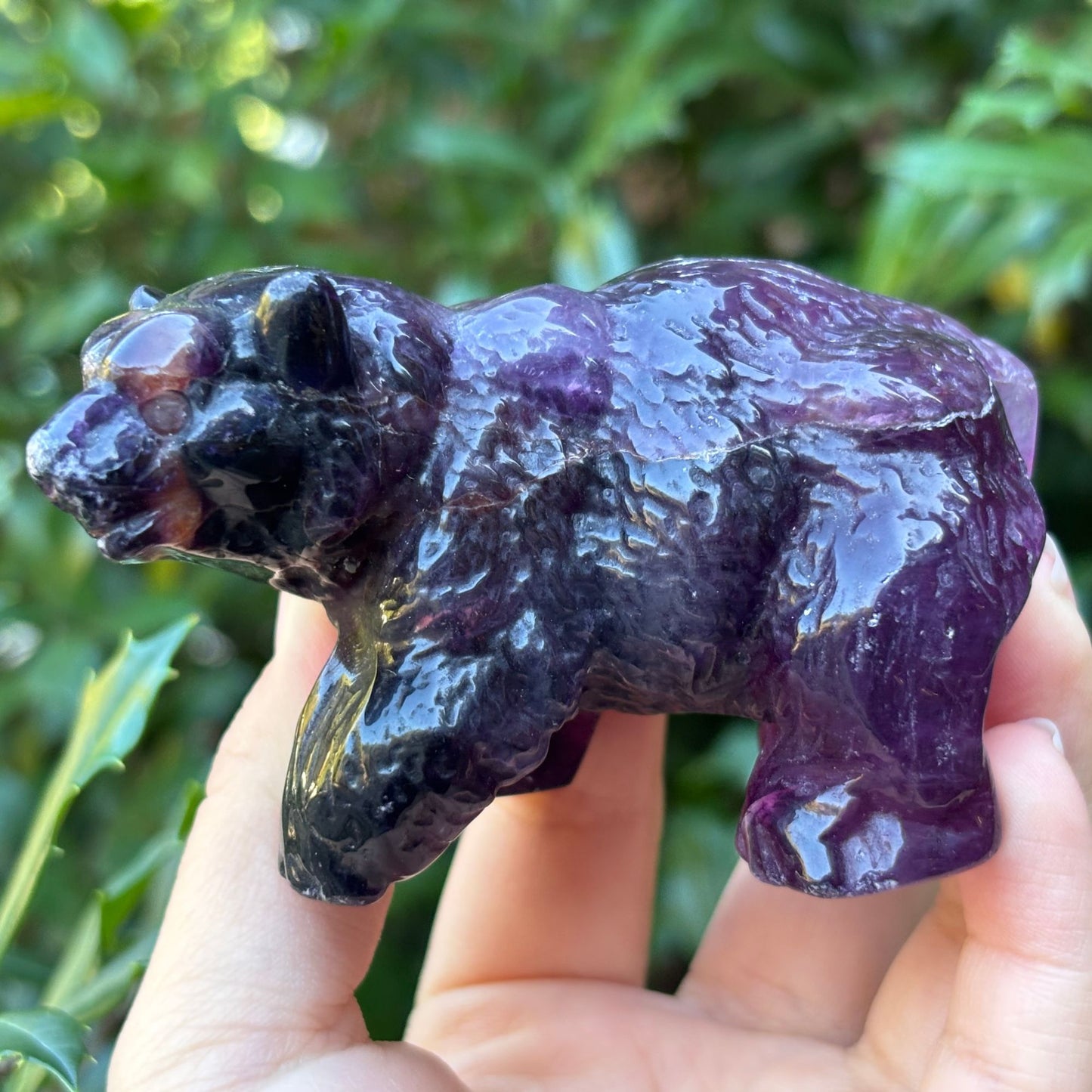Hand Carved Purple Fluorite Crystal Bear Figurine for Healing, Meditation, Focus & Unique Home Decor - RAN526