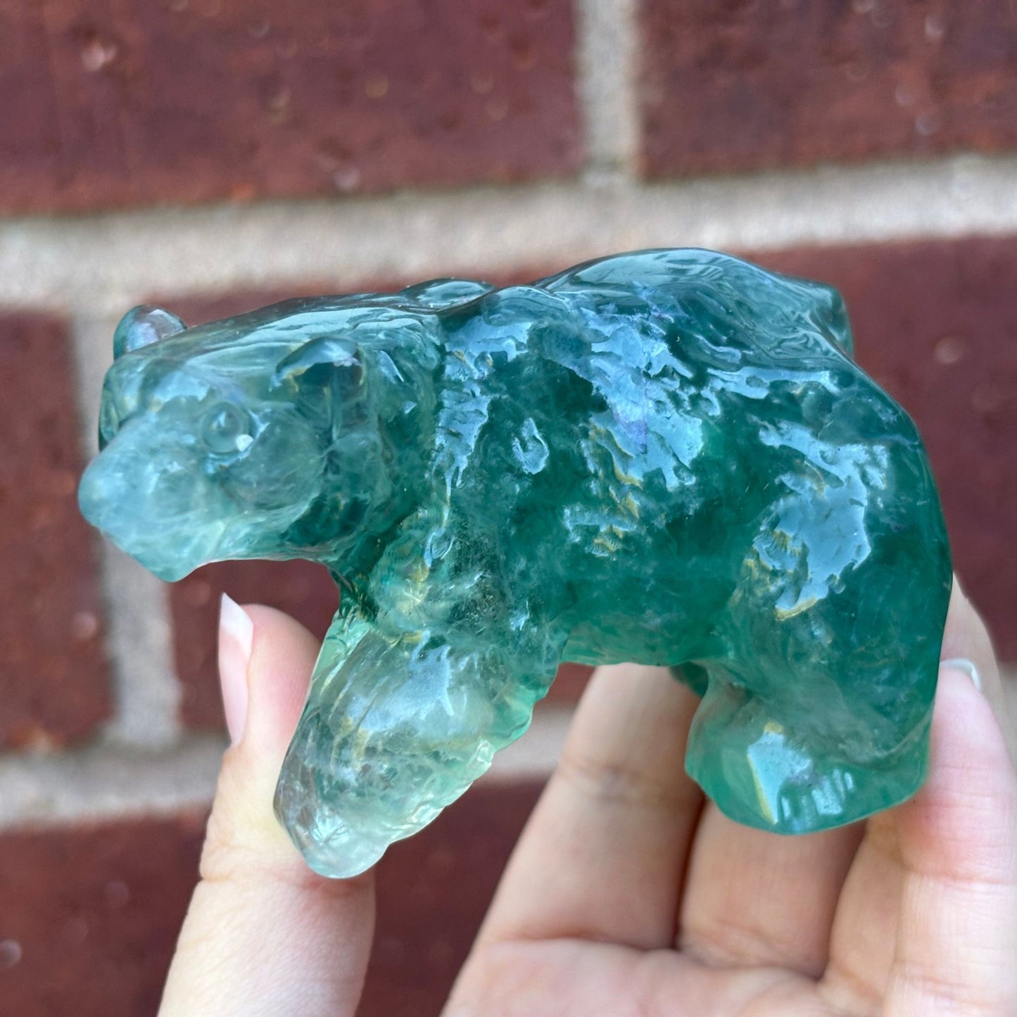 Hand Carved Green Fluorite Bear Figurine for Healing, Meditation, Focus & Home Decor - RAN527
