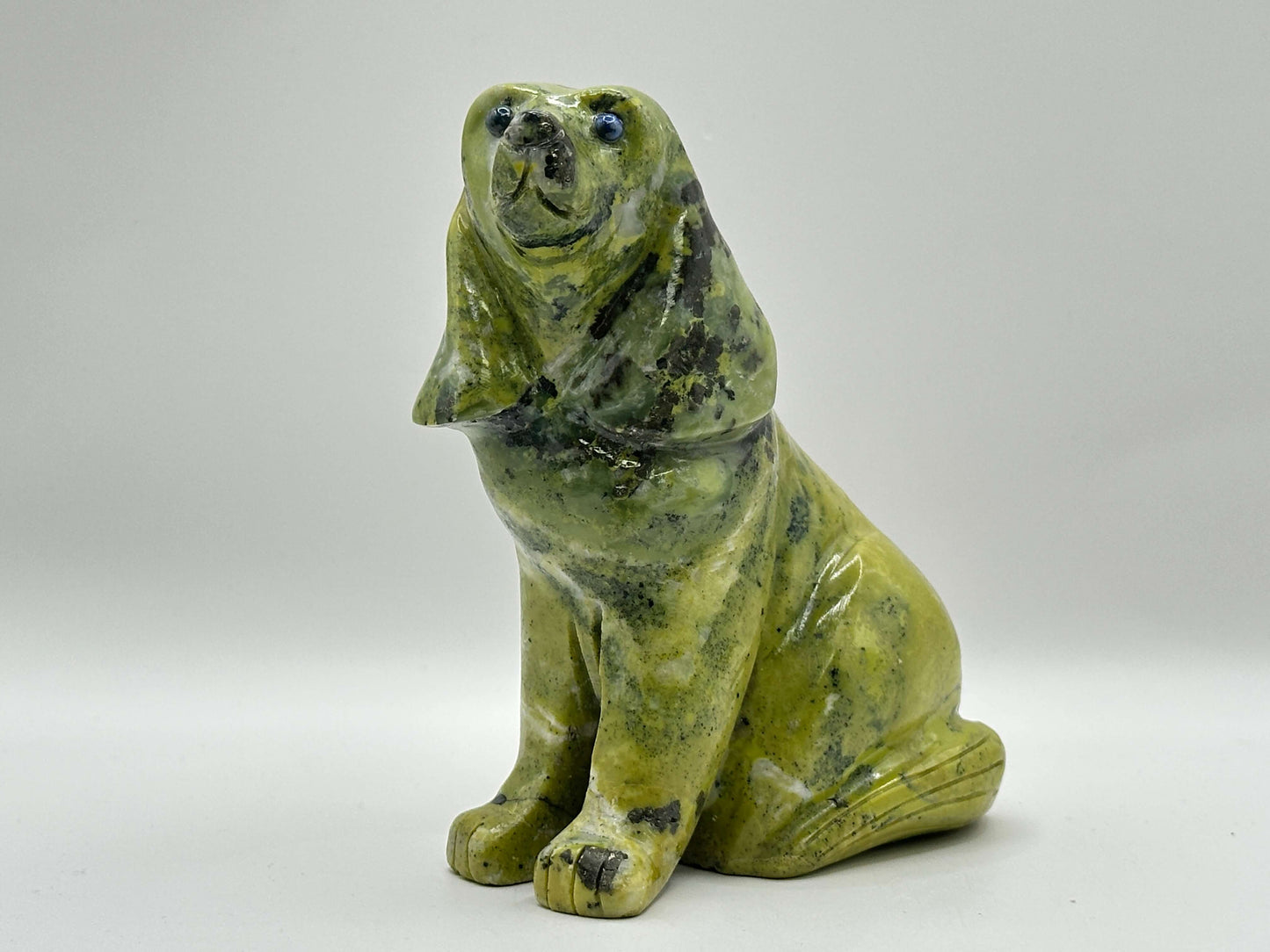 Natural Green Serpentine Stone Dog Statue Hand-Carved Animal Figurine Decor - RAN533