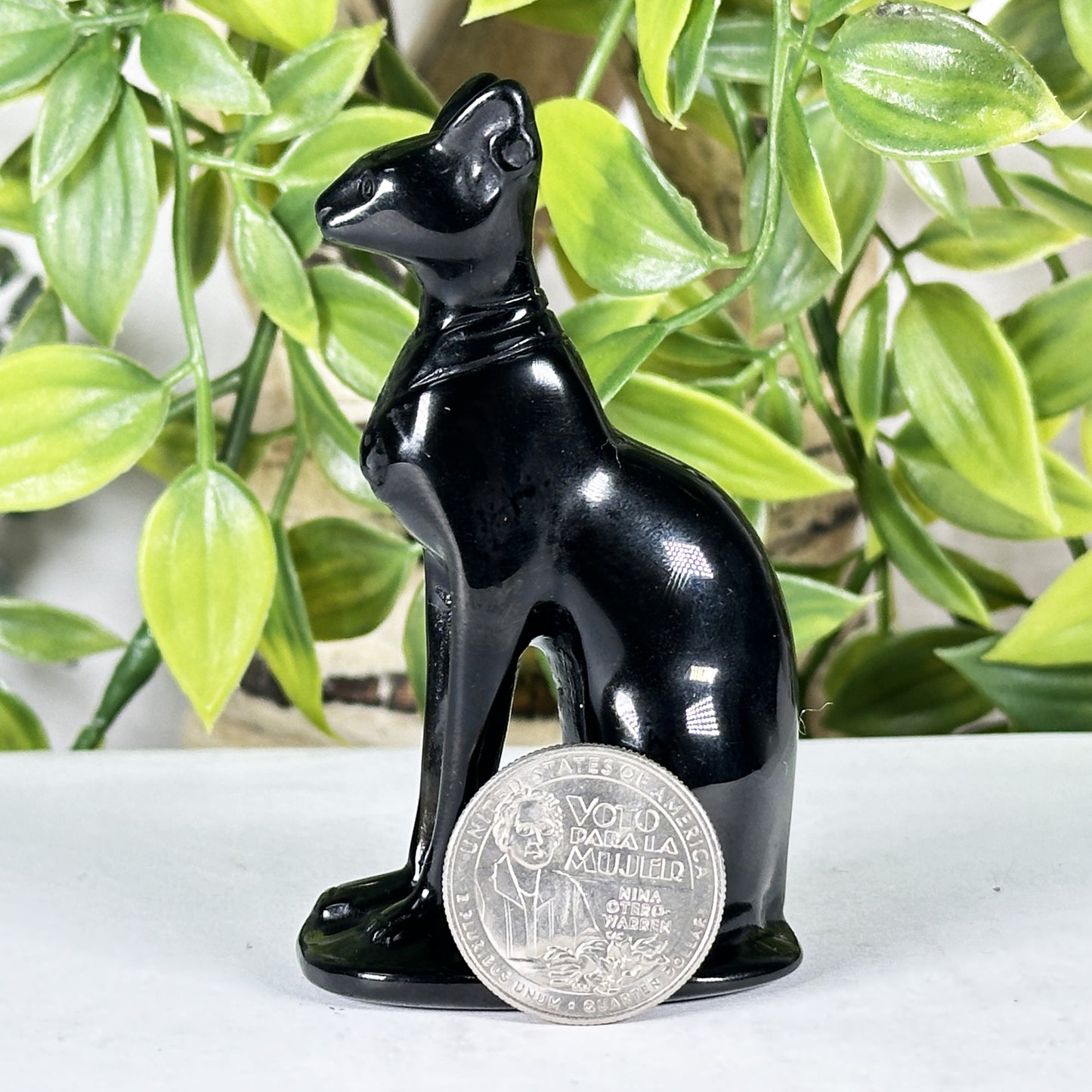 Hand-Carved Black Obsidian Cat Carving 3" Crystal Figurine for Protection & Home Decor - RAN570
