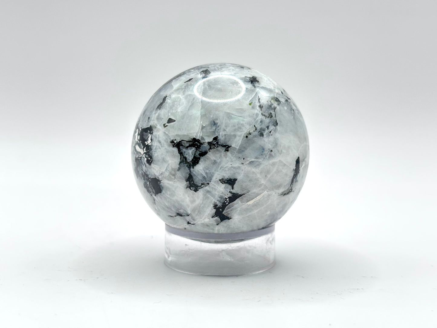 Rainbow Moonstone Sphere with Black Tourmaline Inclusions, Natural Healing Crystal Ball for Meditation, Energy Cleansing & Home Decor