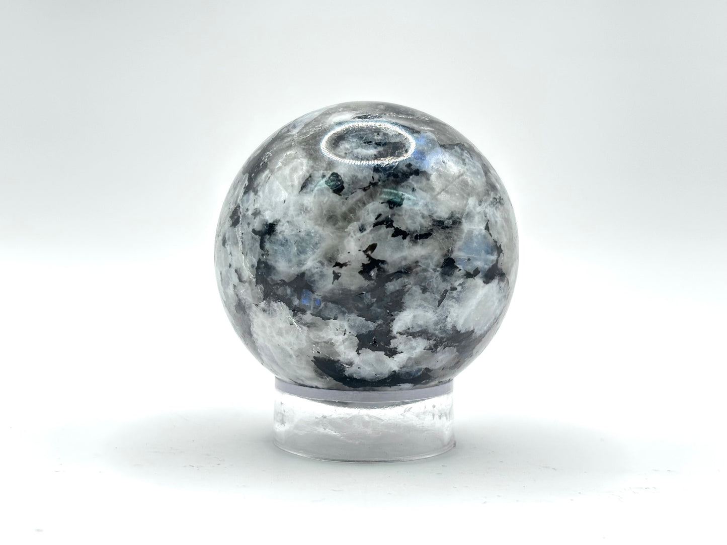 Rainbow Moonstone Sphere with Black Tourmaline Inclusions, Natural Healing Crystal Ball for Meditation, Energy Cleansing & Home Decor