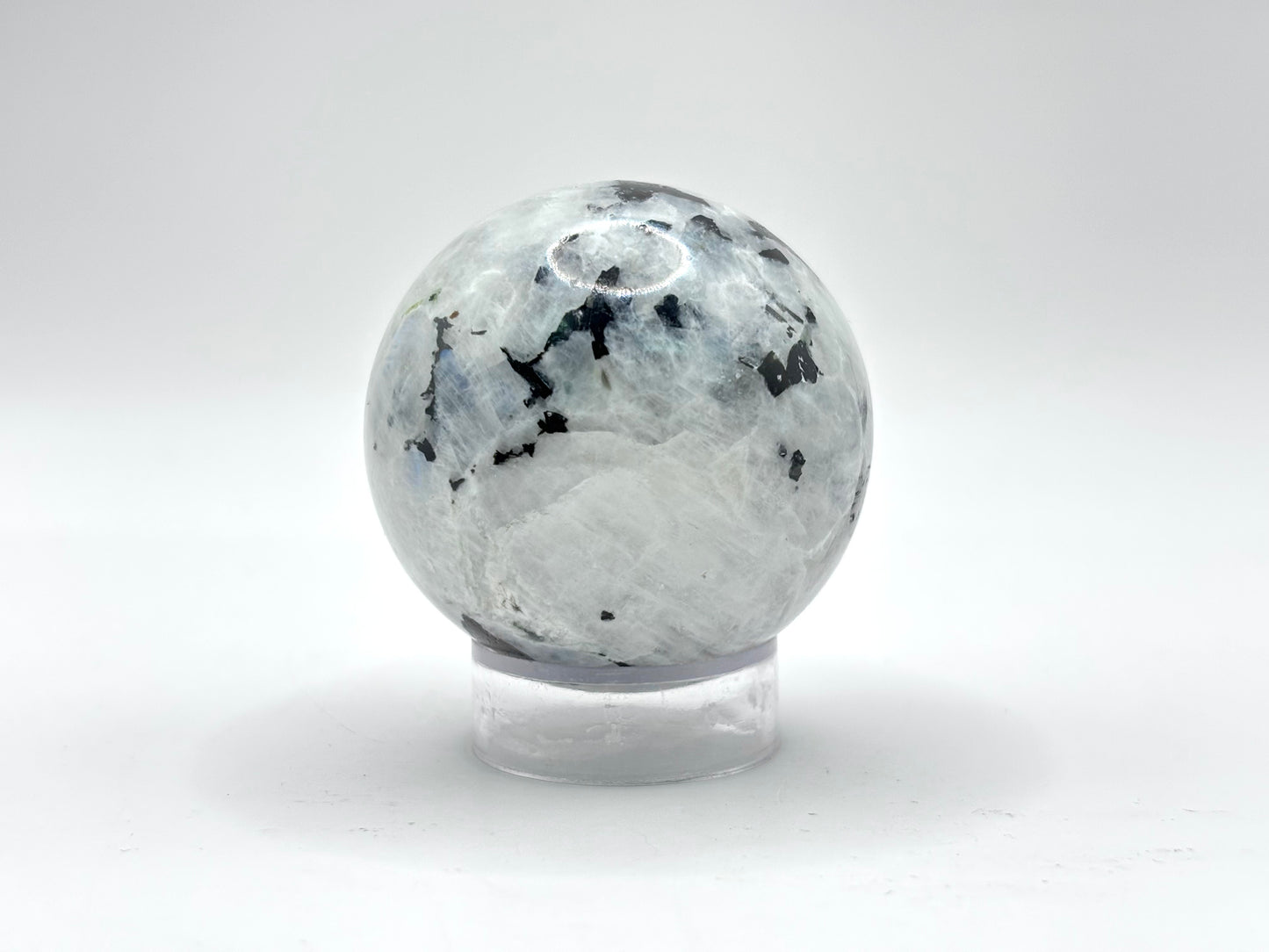 Rainbow Moonstone Sphere with Black Tourmaline Inclusions, Natural Healing Crystal Ball for Meditation, Energy Cleansing & Home Decor
